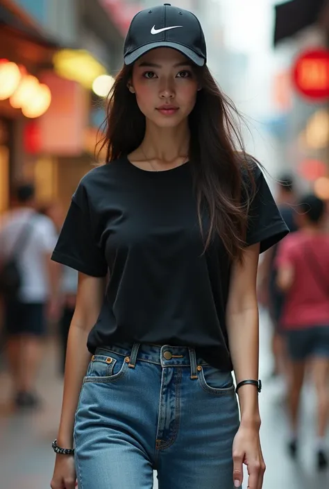 Very beautiful woman with asian face,long hair wearing a black t-shirt,blue jeans,wearing black nike shoes and wearing a black nike hat,,walking in a mall in mongkok,very real picture super quality,visible from all sides