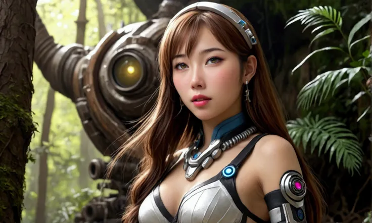 a cute young woman (yuna, age 25), beautiful detailed eyes, beautiful detailed lips, extremely detailed face and eyes, long eyelashes, wearing a sexy sci-fi explorer outfit with many gadgets and laser weapons, exploring an alien forest and ruins with eldri...