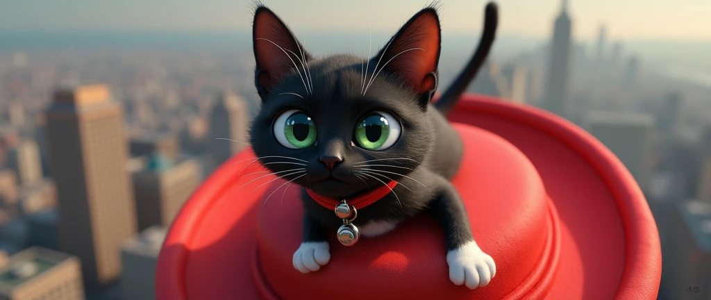 Tito, a young adult cat, black hair and white legs, with large and curious eyes of light green color, He wears a red collar with a round medal hanging in the center. Titus flying over a big red hat, looked down on the city from above

Seed 3487356551