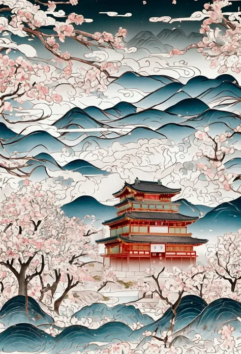 an ancient japanese painting, ancient japanese background, sakura tree, osaka castle, fuji mountains, rivers, auspicious clouds,...