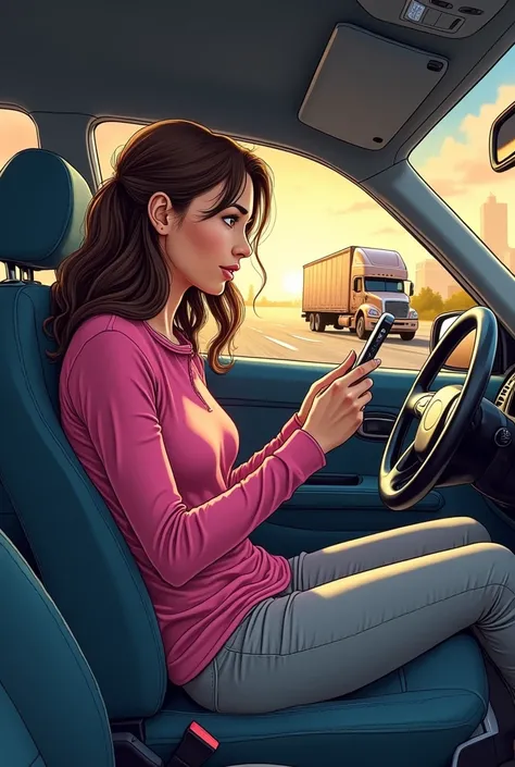 Make me a comic of a  with brown, wavy, loose hair and brown eyes and wearing a totally pink shirt and totally gray pants and she is in a car with her father and the father is calmly driving his cell phone from the 2000s and the girl suddenly sees a truck ...