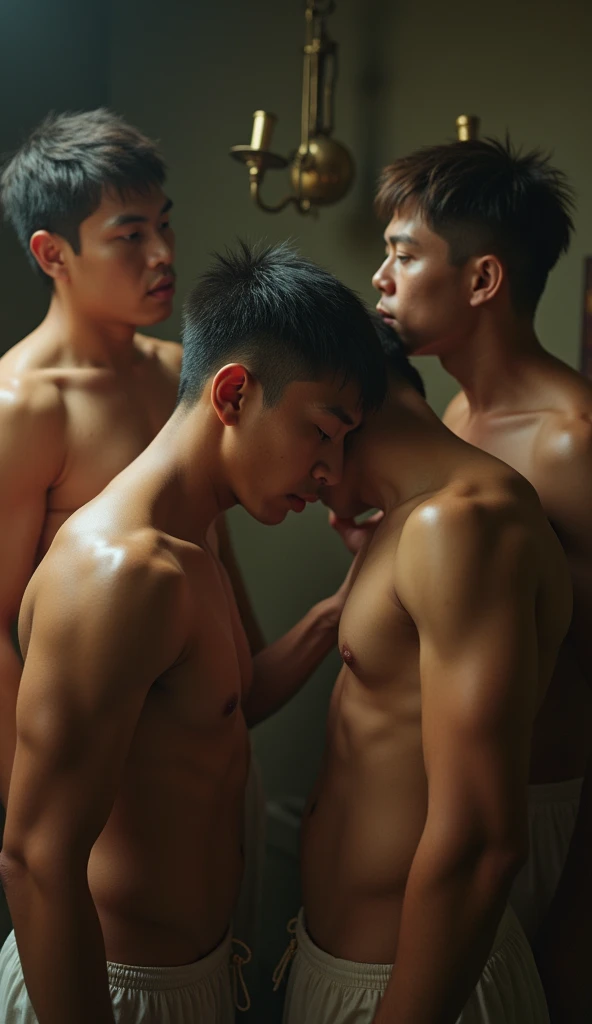 (Photorealistic:1.4, ultra realistic, best quality, 4k, masterpiece:1.2) depict a scene of naked asian gay men, young boy being bent over on all fours by the other soldiers, orgy, young boy kissing and being groped by soldiers, lots of sexual energy, set i...