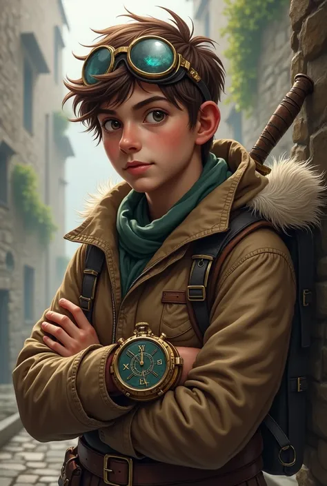 a medium-sized human character, a beardless young adult around 2 with a magical wristwatch that resembles the omnitrix, a brown jacket, A dagger, with goggles on his head, brown hair and medieval fantasy rpg adventurer style, avoid wearing clothes in shade...