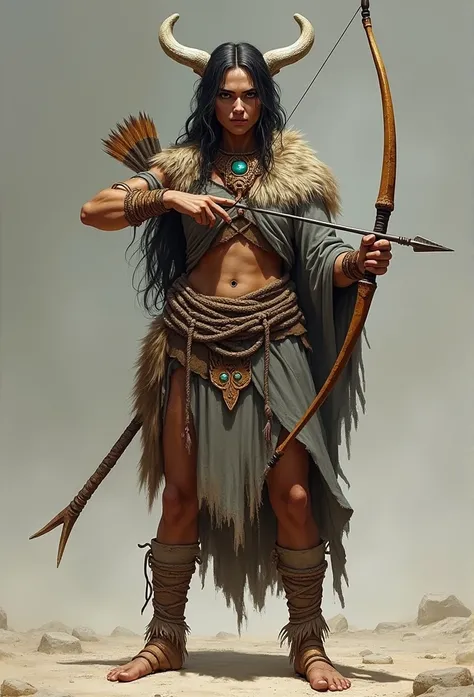 Ancient female leader with bow and arrow，There are animal bones on the head，Wear hides and clothing，Rough skin，There is a totem on the body，cloth shoes，There is jade around the waist，Realisticstyle，gray clothes，whole body picture