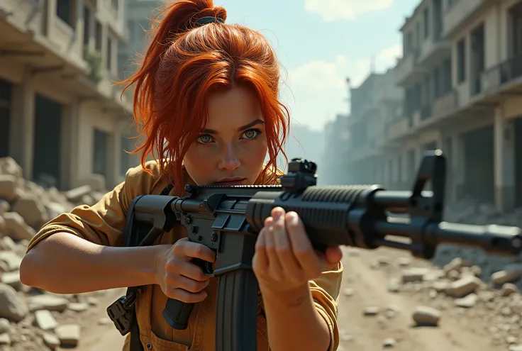 A detailed, red-haired Brazilian teenage girl holding a rifle in a combat stance, on a destroyed, post-apocalyptic city street, ultra-detailed, 4k, 8k, photorealistic, masterpiece, vivid colors, dramatic lighting, cinematic composition