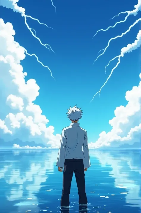 in 8k an image of an illustration of an anime, from jujutsu kaisen, gojo satorou, with white hair, and black pants, is standing in front of an ocean of a very light blue sea, where he has his feet in the sand, where the sky is a very light, strong blue, wi...