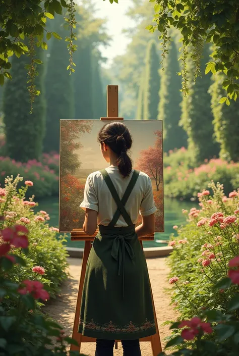 Woman from behind, tied hair, dressed with an apron over her clothes, painting a picture in the middle of a garden 