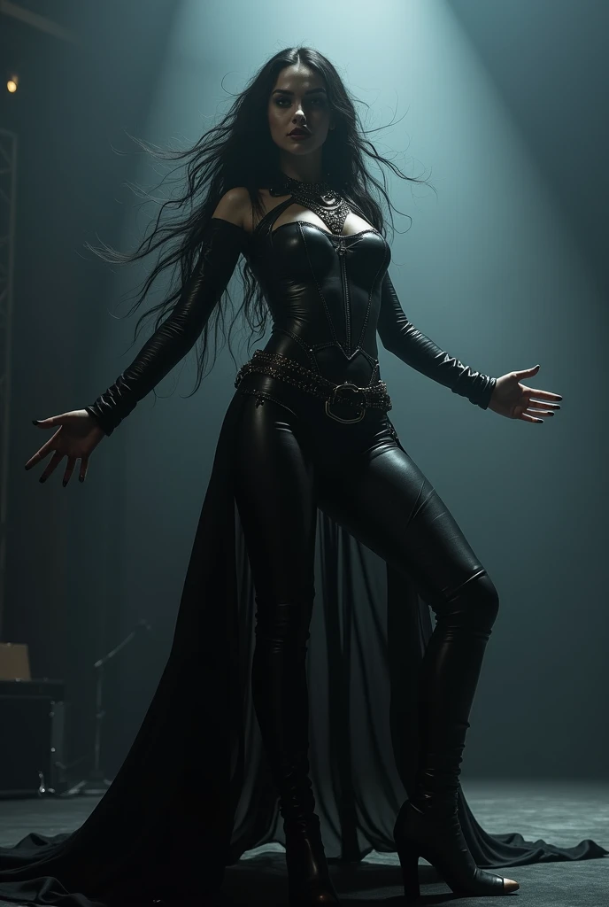 Sexy female witch singing heavy metal wearing skin tight black leather