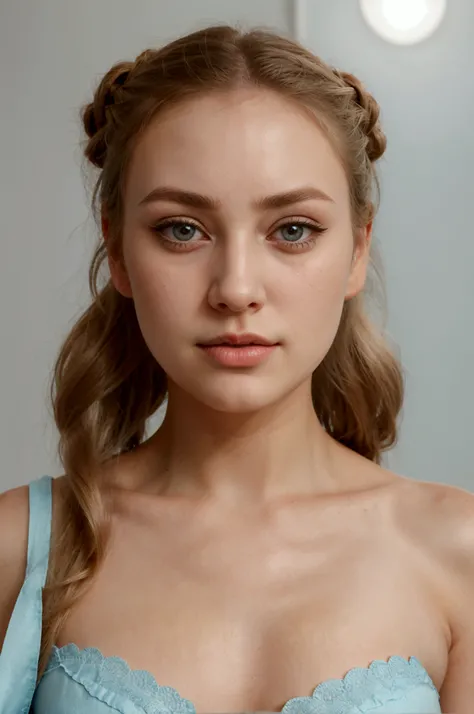 Generate a hyper-realistic image of a young woman, approximately 2, with her hair tied back to reveal her full face. She has light blonde hair, pulled into a neat style away from her face. Her skin is fair, smooth, and flawless, with no dark circles or ble...