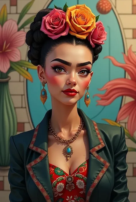 A modern and realistic interpretation of Frida Kahlo. She has her signature unibrow and floral crown, but now she is depicted with a contemporary twist. Her outfit combines traditional Mexican elements with modern fashion, featuring bold patterns and a sle...