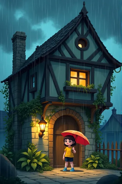  "A cartoon girl with a cute face, wearing a yellow t-shirt, black shorts, and blue sneakers, stands outside an old, mysterious library on a rainy evening. The building looks aged with crooked windows, dim lantern lights, and vines creeping up the stone wa...