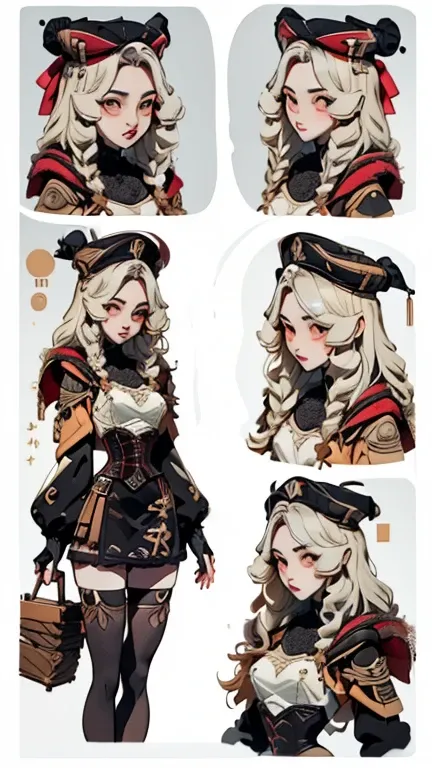 (Character Design Sheet), Multiple poses and expressions, (masterpiece, best quality:1.4), absurdres, highres, ultra detailed, beautiful, (perfect face, detailed face, beautiful:1.3),(natural breasts, cleavage), collarbone, fingerless gloves, jacket, corse...