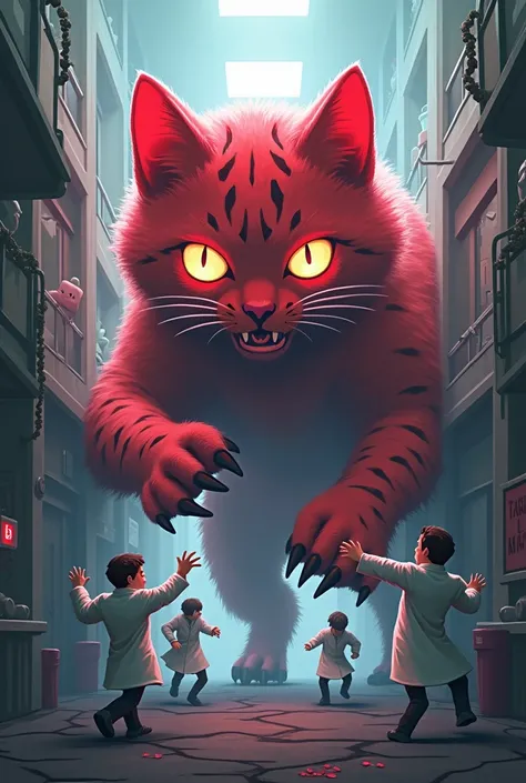  strawberry-like kitten turns into giant creature, similar to a large, fierce cat. The giant kitten still has the same red strawberry fur texture with black spots, but now it&#39;s huge, with sharp claws and big glowing eyes. He is breaking the walls of th...