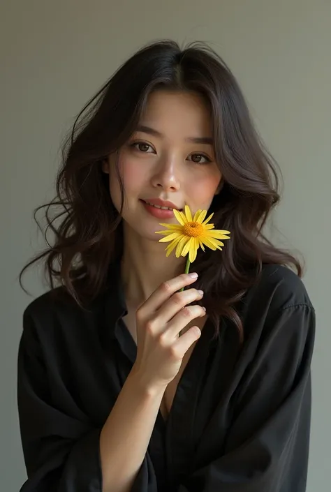 Beautiful girl with long wavy dark brown hair, dressed in a black shirt holding a yellow flower and showing it to the viewer.
