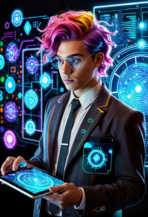 A young detective with colorful hair, in a futuristic world, holds a tablet with data holograms floating around it. He is about to discover hidden secrets, surrounded by digital information symbols."