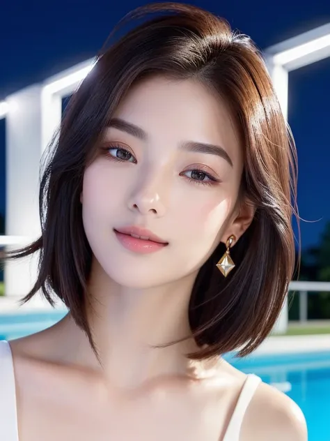 Poolside at night、Light up the pool、Lots of blue and pink lighting、A swimsuit that reflects light like polished metal、Metal Reflection、Muscular、Oil-coated skin that reflects light with a shiny glow、Japanese、Chin-length oval bob haircut、Reduces hair volume、...