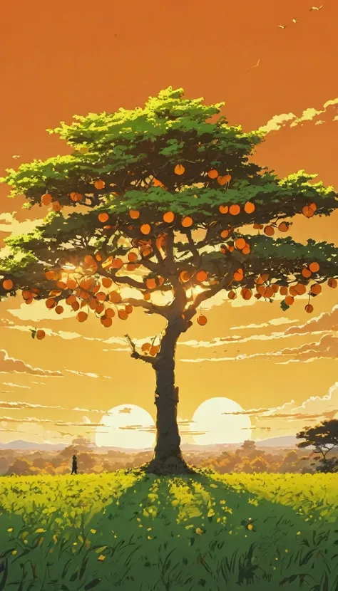 (Minimalism:1.4), Draw a simple Tintin style art of a boy tree with orange fruits at sunset, clouds , studio ghibli art, miyazaki,  , Makoto Shinkai!!, anime movie background best quality best of SeaArt HD
