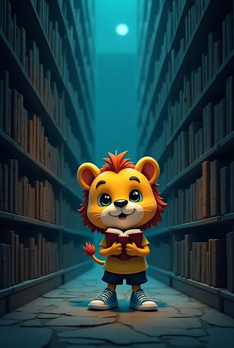 Prompt: "The cartoon lion with a round, cute face, wearing a yellow t-shirt, black shorts, and blue sneakers, steps inside the dark library. It walks down a narrow aisle surrounded by towering bookshelves filled with old, dusty books. Flickering lights cas...