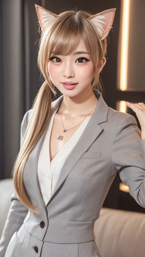 ((Highest quality)), ((masterpiece)), (High-definition photos), (upper ponytail), (Blonde), (bangs),  (beautiful girl), False eyelashes, (Sticking out tongue), (necklace:1.2), (charcoal business suit, cat ears:1.1), (bulge), (white skin), head tilt, (Blush...