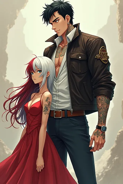 Tall man, bkanco, with tattoos on the chest and arms, short black hair, with red eyes, white shirt and leather jacket.
next to a young woman, long hair, half white, half red, without bangs. heterochromia in eyes, one gray, with a burn mark and the other bl...