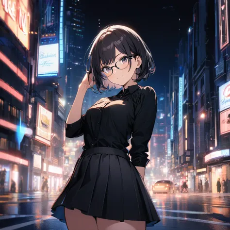 1 girl, short hair, glasses, black clothes, skirt, light smile, city at night, female pose, light smile, Lights, High Quality 