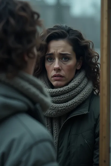 Create an image of a brunette woman with curly hair, short, desperate and crying, looking into a mirror, dressed in cold weather clothing scarf