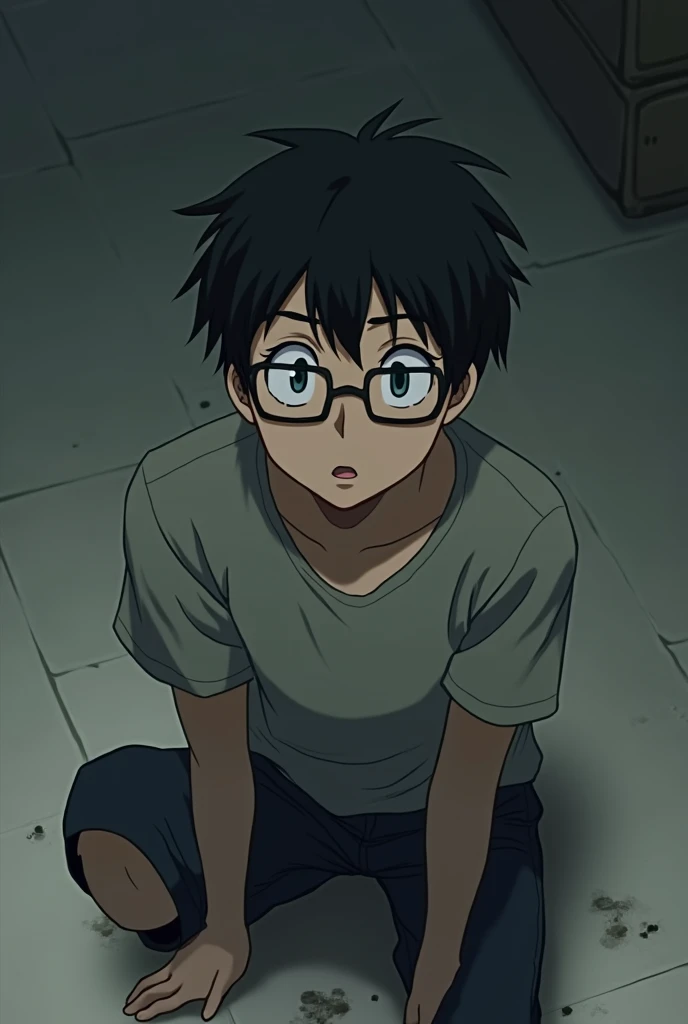 A  male teenager with glasses sitting on the floor facing left with a surprised look in a serious anime style