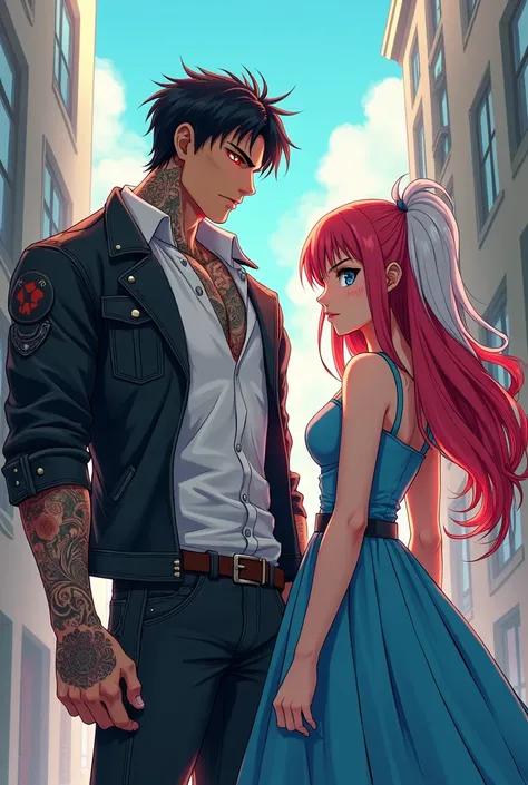 Tall man, bkanco, with tattoos on the chest and arms, short black hair, with red eyes, white shirt and leather jacket.
next to a young woman, long hair, half white, half red, without bangs. heterochromia in eyes, one gray, with a burn mark and the other bl...