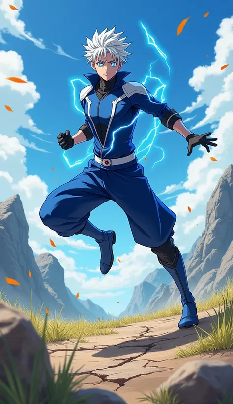 Anime cartoon style of Kaito, a ninja dressed in a blue and white uniform with metallic lightning-like accents, lands powerfully in an open mountain field. The terrain is rugged, with scattered rocks and tall grass swaying in the wind. His short, spiked wh...