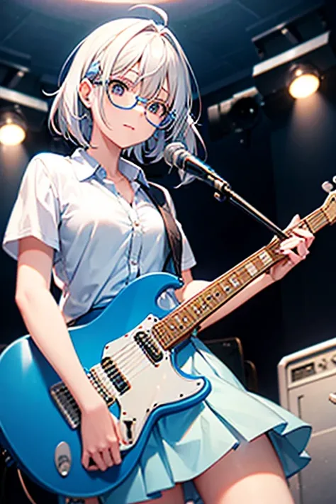 Teenage girl, white hair with light blue tips, wearing a white shirt, blue skirt, wearing glasses, playing the guitar