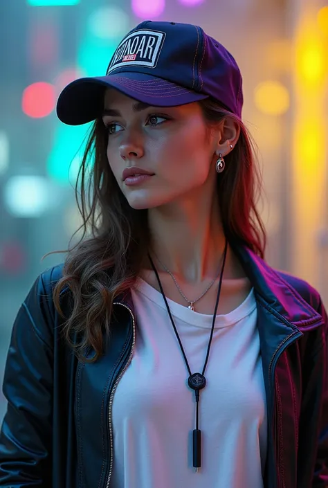 The picture is made of crystal glass with a luxurious design that Her name says "QUENZA ESD". There is a photo of a Marvels hero on the left. There is a girl wearing a white t-shirt, black jacket, reverse snapback hat, earphones necklace, 3D realistic pict...