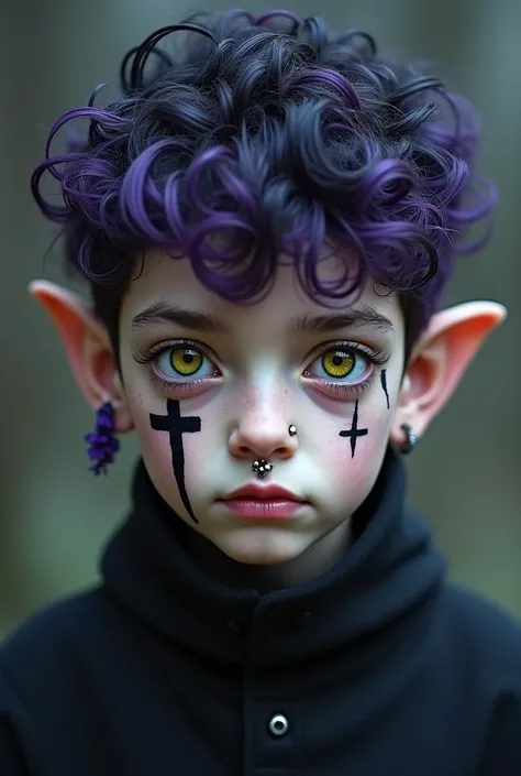 A boy with short curly hair, black at the roots with a gradient towards the tips of violet. Gently elongated eyelids with the iris of his right eye yellow and the left eye white., with a cross-shaped pupil. He has a scar on his right cheek vertically cover...