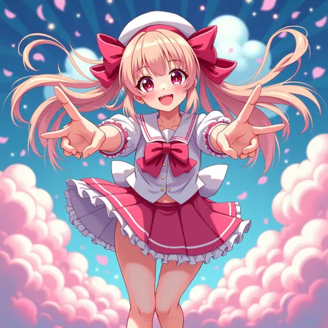 A fantastical, manga-style illustration featuring a cheerful, magical girl with long, flowing, pastel-colored hair adorned with large, vibrant red ribbons. She wears a whimsical, sailor-inspired outfit with exaggerated details: a flared, frilly skirt, over...