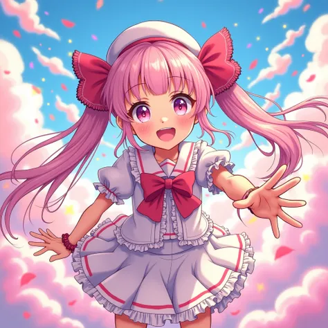 A fantastical, manga-style illustration featuring a cheerful, magical girl with long, flowing, pastel-colored hair adorned with large, vibrant red ribbons. She wears a whimsical, sailor-inspired outfit with exaggerated details: a flared, frilly skirt, over...