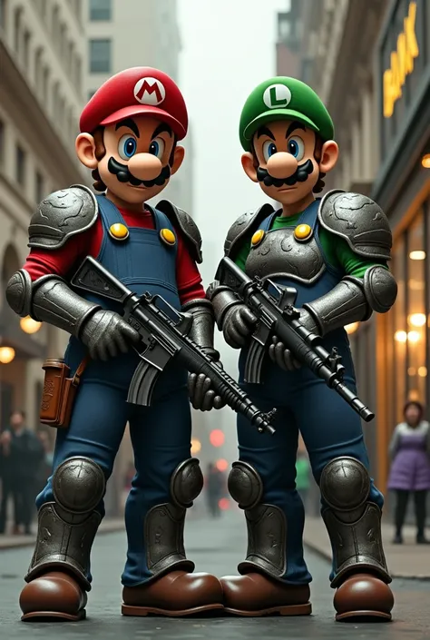 Mario and Luigi wear armor and carry machine guns to rob a bank.