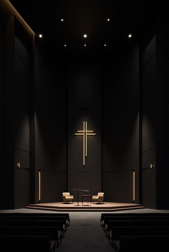 Create a modern contemporary church, with black walls, LED lighting on the walls, with lighting with Spotlights for the stage, with a cross-shaped decoration on the ceiling. With comfortable armchair-type chairs, musical instruments on stage.