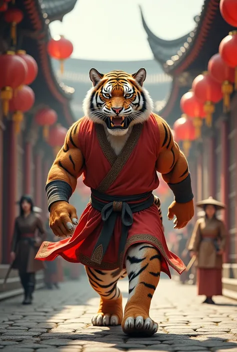 Tiger with strong man&#39;s body and Kung Fu uniform walking through the streets of ancient China