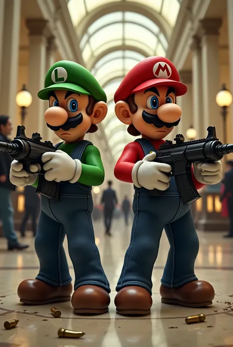 Mario and Luigi take machine guns and rob a bank.