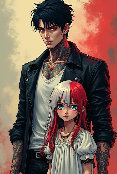 Tall man, white, with tattoos on the chest and arms, short black hair, with red eyes, white shirt and leather jacket.
With a young girl, long hair, mitad izquierdo white y mitad derecho rojo, WITHOUT FRINGE. Heterochromia in the eyes. One gray color, the r...