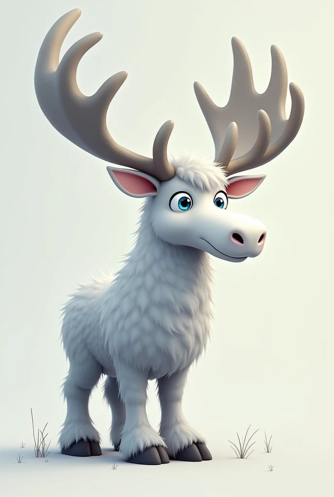 Grayish white moose with blue eyes accented with a slight gray tone, having quite dense fur and its antlers of a normal size, in addition to these being gray in a cartoonish anthropomorphic art style