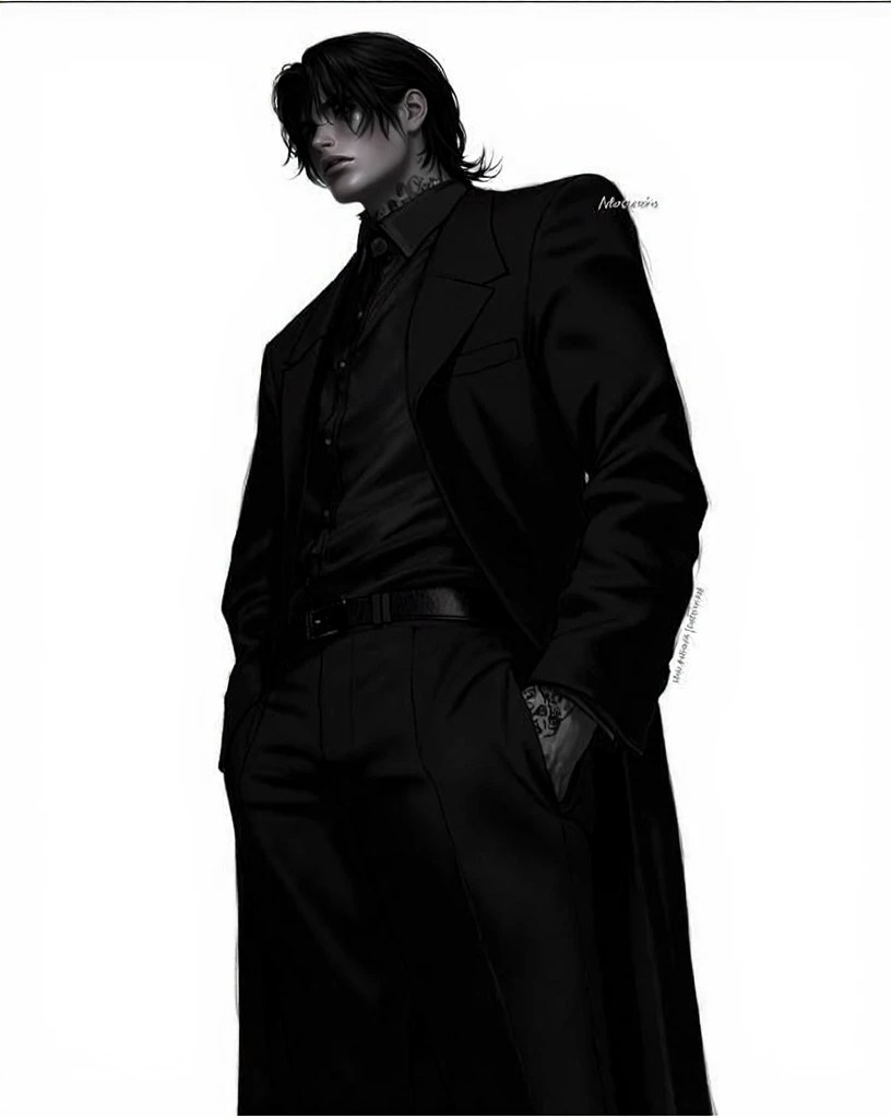 An anime-style male character with a dark, mysterious vibe. He is dressed in a sleek, all-black suit with a long overcoat that flows down his body. The character has a tall and slender build, with one hand casually placed in his pocket. His dark, messy hai...