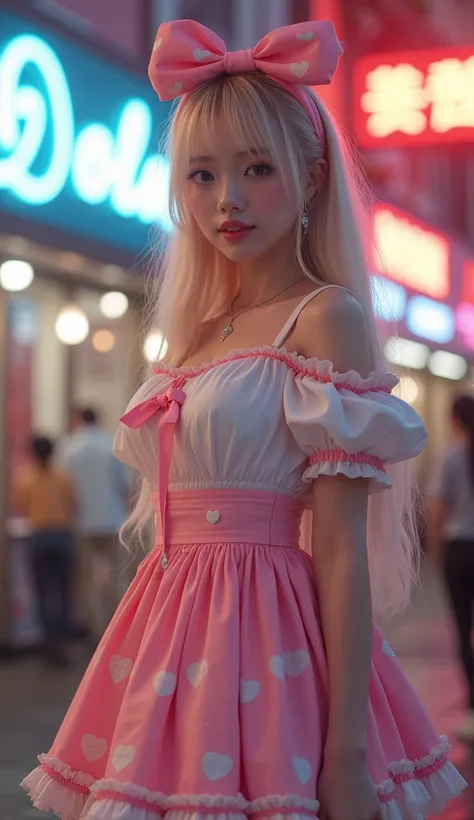 ((masterpiece:1.3)), (photorealism:1.3), extremely detailed texture, best quality, 16k, detailed background, 1 korean slender woman, cute university student, very white skin, cute face, detailed image, light blonde long hair, large pink hair ribbon on head...