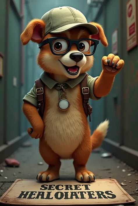 a dog with a cap and glasses that guides and is pointing to the right with its sun paw looking to the left and below it a text that says "This is the location of our only headquarters"