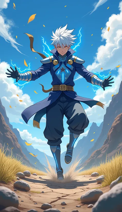 Anime cartoon style of Kaito, a ninja dressed in a blue and white uniform with metallic lightning-like accents, lands powerfully in an open mountain field. The terrain is rugged, with scattered rocks and tall grass swaying in the wind. His short, spiked wh...