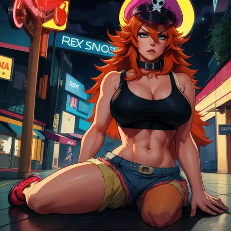 roxy,orange hair,blue eyes,long hair,white crop top,collar,short shorts, peaked cap, upper body,sitting on the floor, nice shoes,looking at viewer, night,neon lights,streets, (insanely detailed, masterpiece, best quality),solo,