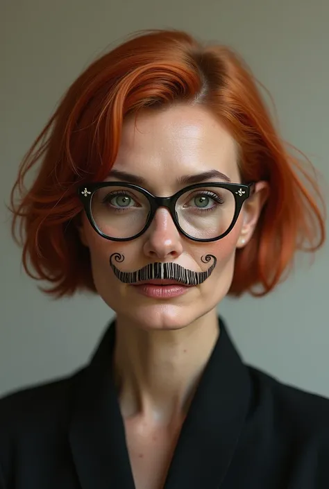 Mulher com um cabelo Chanel ruivo 👩‍🦰, com rugas pés de galinhas 🐔 na face, a Chinese mustache and bar codes on the upper lip . A white woman in her 60s wearing glasses.