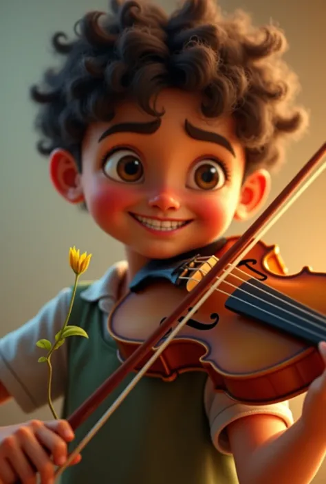 Create a violinist, child boy.
Em close up!
HEAD ON, happy.
With a plant sprout in the scene!

with writing: Music is medicine for the soul! 