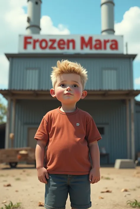 a blond boy in front of a snack factory written "frozen mara" fat and with pimples