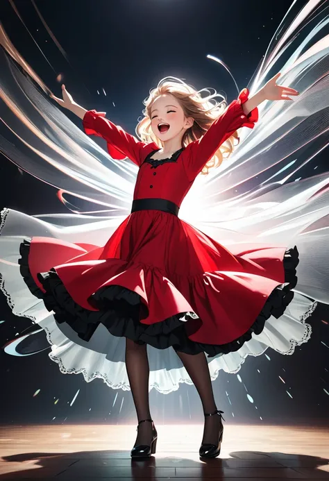 (masterpiece, best quality:1.1), (ultra highres, ultra-detailed:1.2) ,1girl, A girl dancing flamenco with tears,tween,cute,Crying loudly,(Scarlet dress),detailed face,(double exposure background:1.5),(full figure),blank space, volumetric lighting, dynamic ...