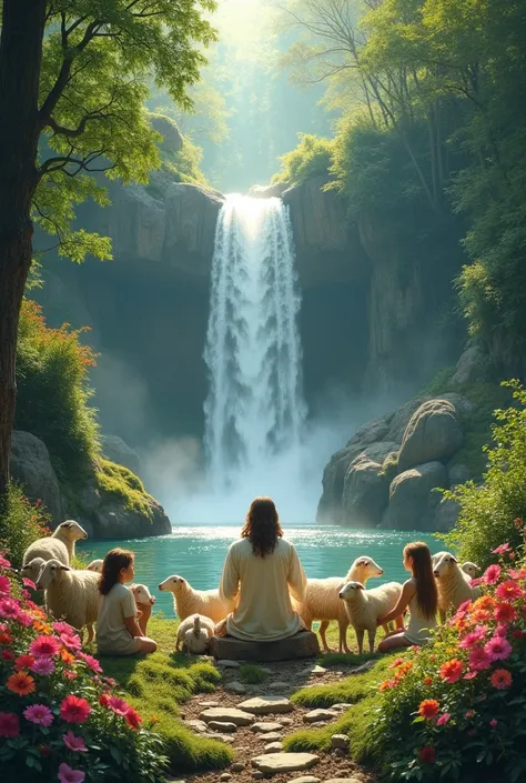 waterfall in the forest surrounded by flowers with jesus sheep and children around jesus